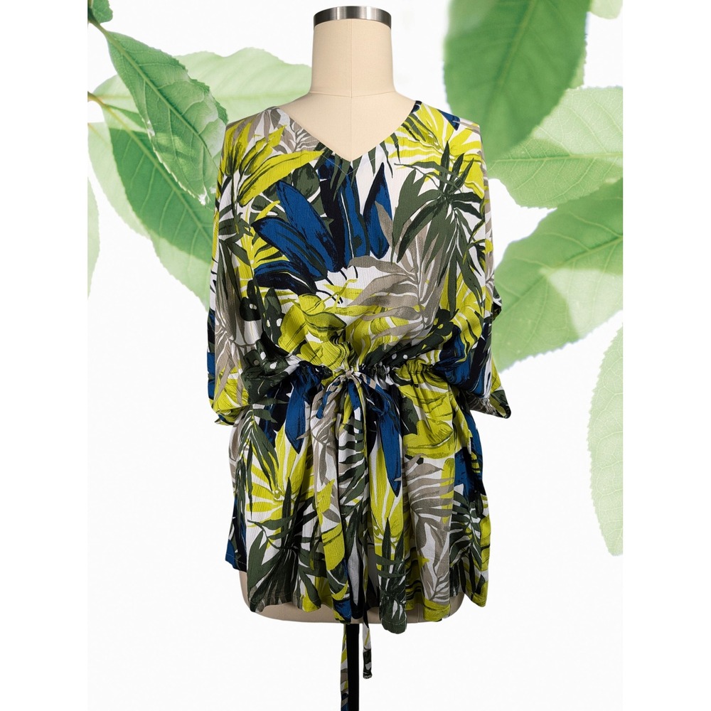 Lands End 3X Tropical Print V Neck Drawstring Tunic Top cooling viscose Women